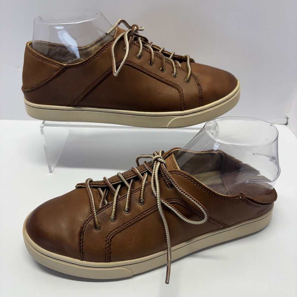 OluKai Pehuea Leather Sneakers 8 Brown Lace Up Drop-In Heel Casual Shoes